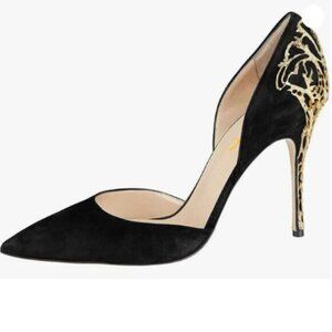 XYD Women Flower Carved Metal High Heel Pumps Pointed Toe Suede D'Orsay Black